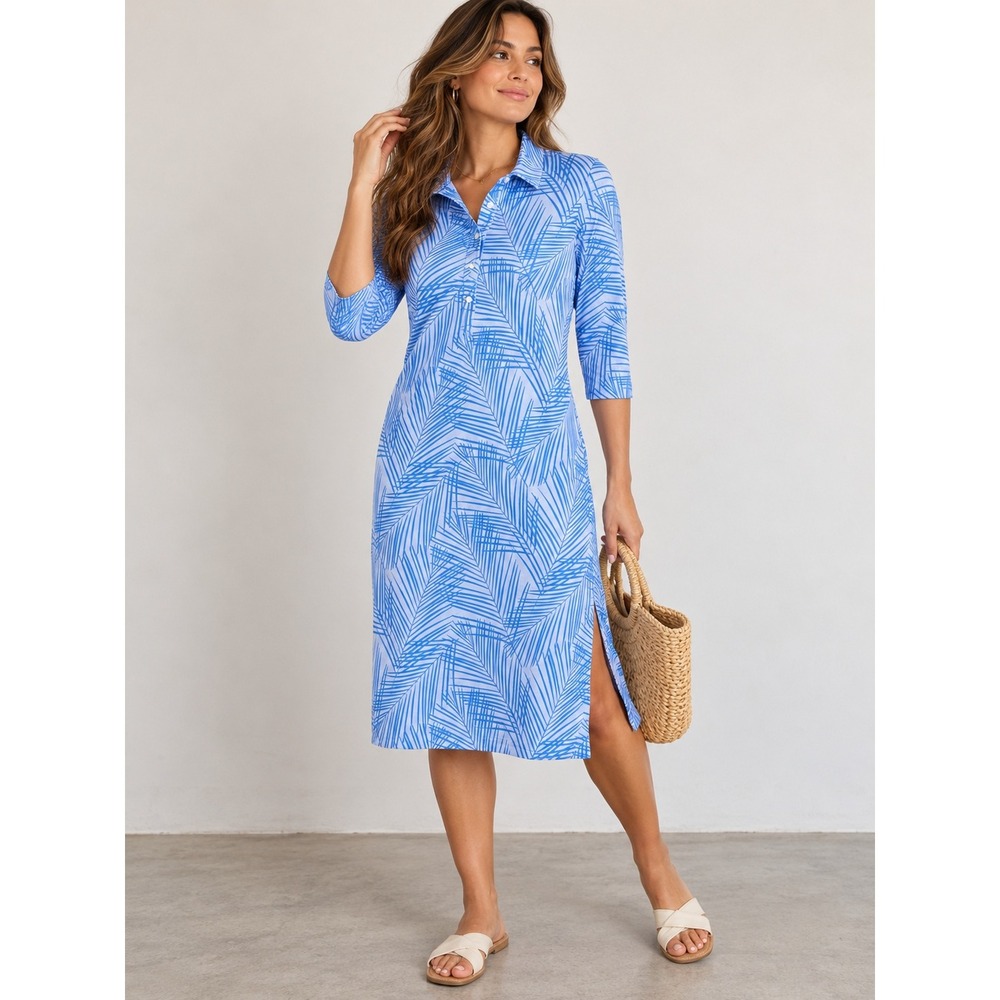 Vineyard Vines Blue Palm Print Polo Midi Dress Size L Coastal Preppy Resort Golf